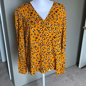 Vixen Animal Print Mustard Rayon Button Ip Blouse with Elastic Long sleeve